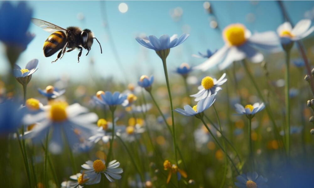 Bee buzzing around daisies