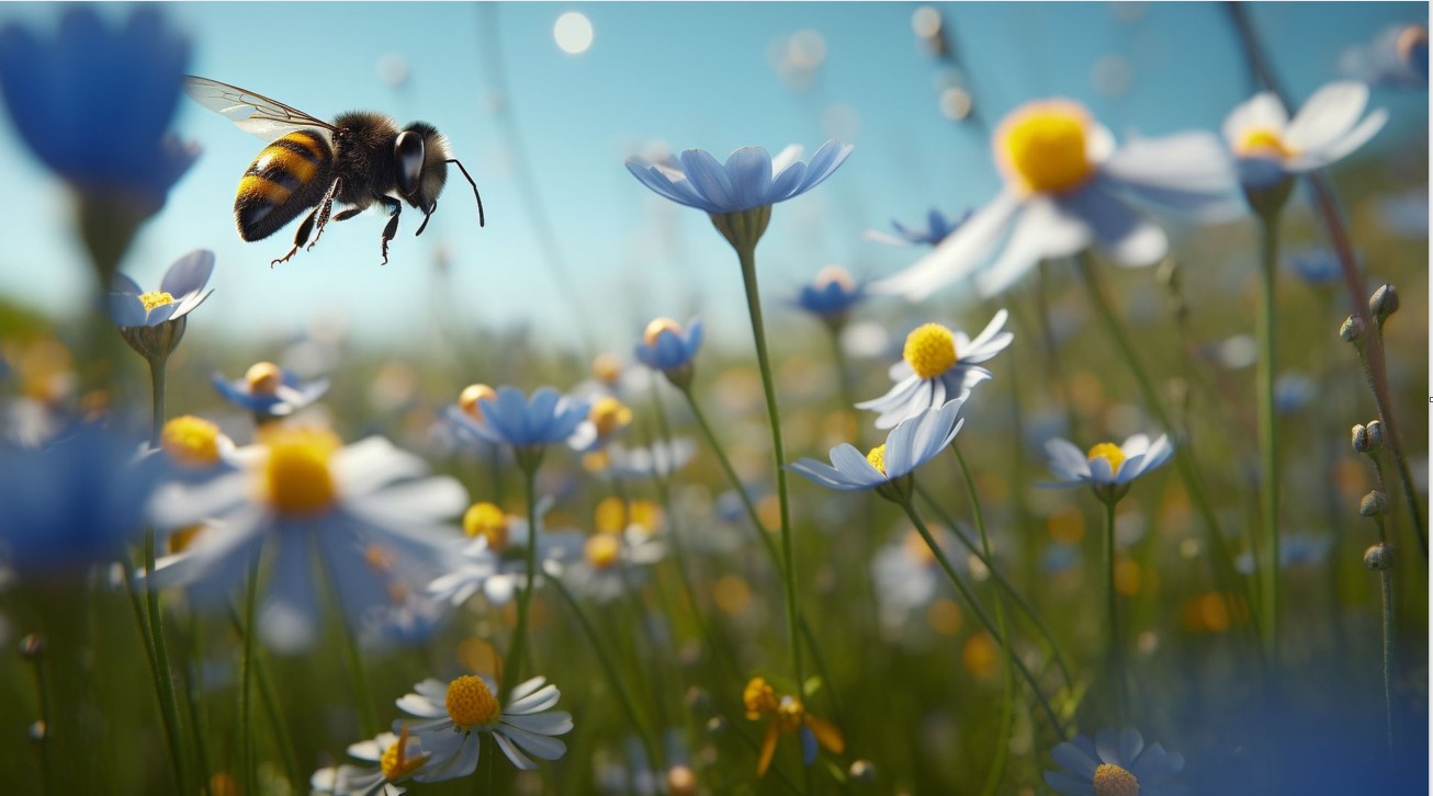 Bee buzzing around daisies