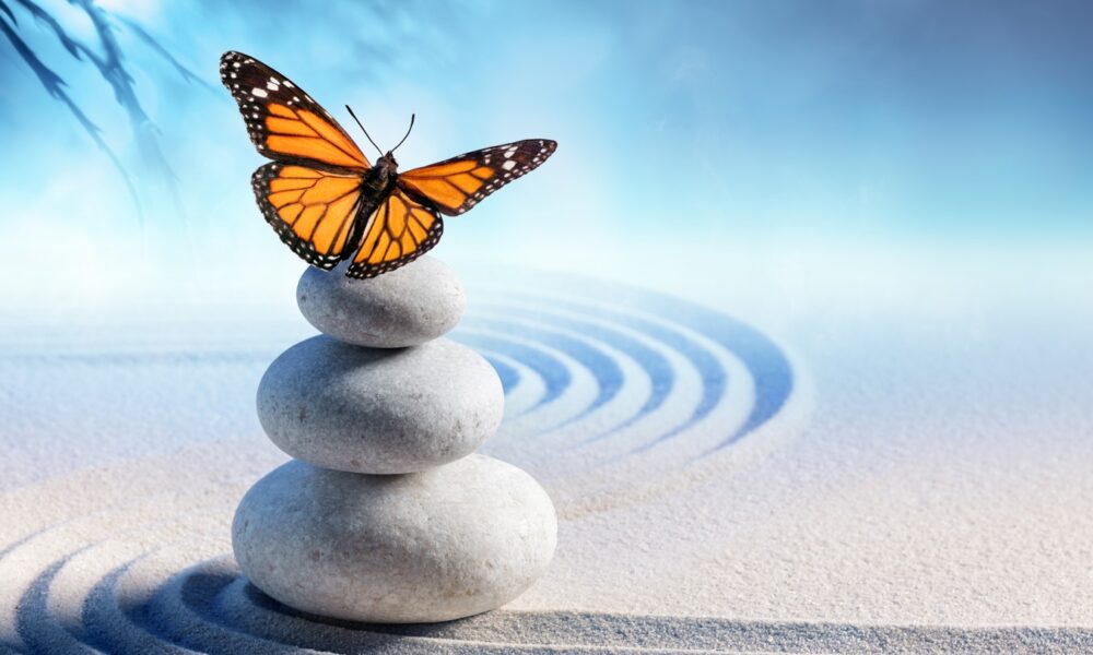 Balanced pebbles with a butterfly in a warm blue silhouette