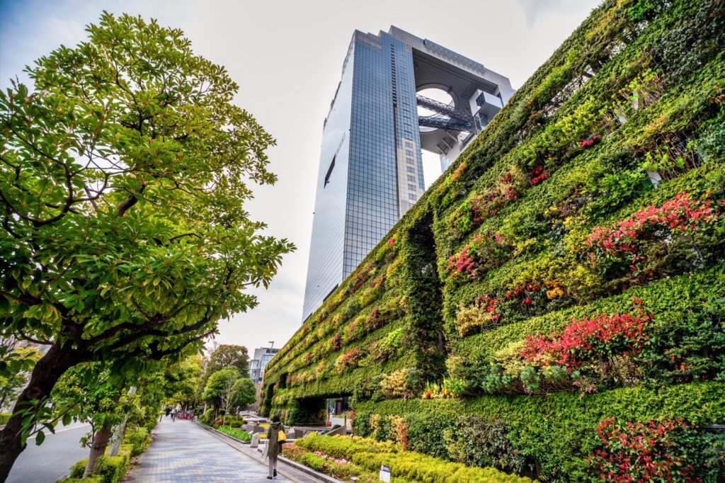 Green wall of the Umeda Sky Building in Osaka, Japan. 