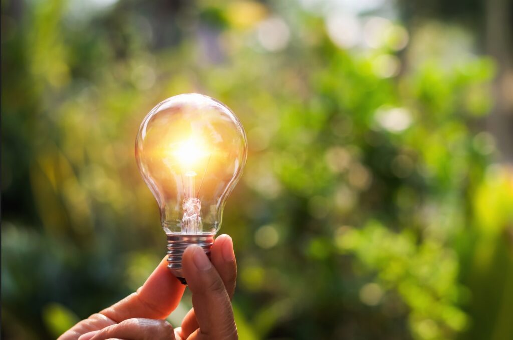 Person holding a glaring light bulb in nature 