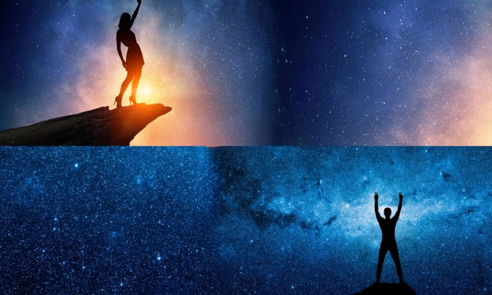 10 amazing facts about stars, Inspiringclick featured image. a collage of two people standing on a cliff underneath the stars.