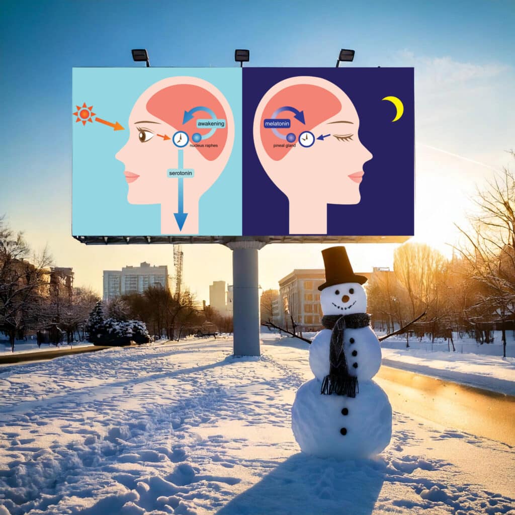 a snowman with a sign showing the the sleep cycle. Behind him is a snowy city and sunny backdrop, showing a january brain concept. 